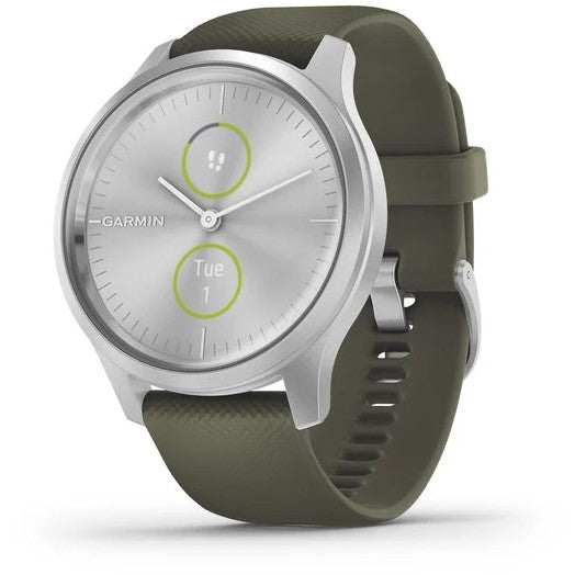 Garmin vívomove® Style Silver Aluminum Case with Moss Silicone Band Fitness Tracker Smartwatch