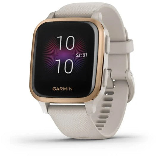 Garmin Venu® Sq – Music Edition Rose Gold Aluminum Bezel with Light Sand Case and Silicone Band Fitness Tracker Smartwatch