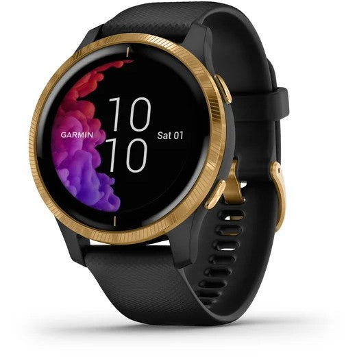 Garmin Venu® Gold Stainless Steel Bezel with Black Silicone Band Fitness Tracker Smartwatch