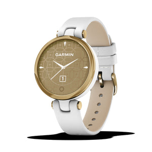 Garmin Lily Light Gold Bezel with White Case and Italian Leather Band Fitness Tracker Smartwatch